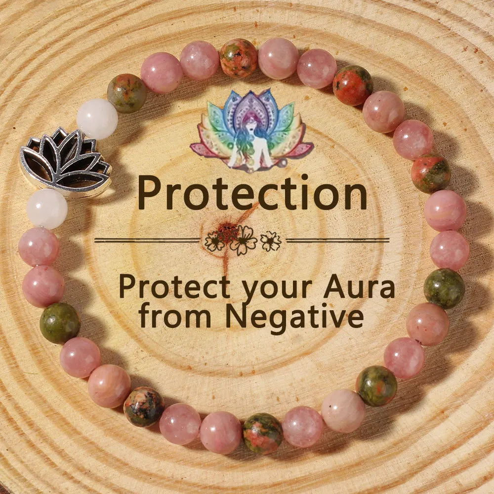 Handmade natural rhodonite stone bead seven-pulse lotus bracelet in French retro bohemian style, colour L1381
