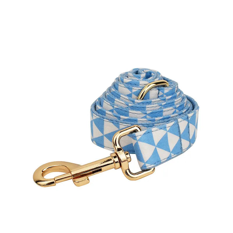 Blue triangular ring dog collar and lead set with matching vest and bow tie for pets