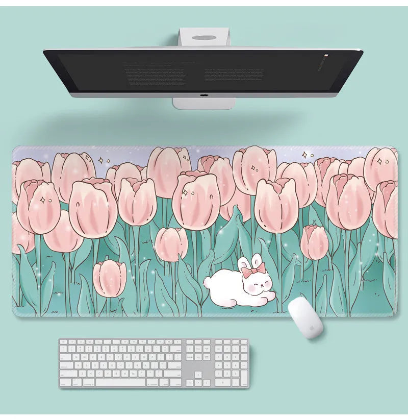 Large flower pattern computer mouse pad with natural rubber base showing floral cartoon design options