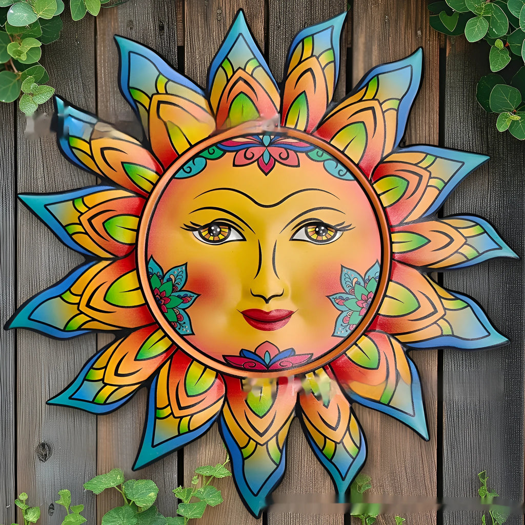 Iron sun face wall hanging decoration with floral metalwork design in multiple colour options