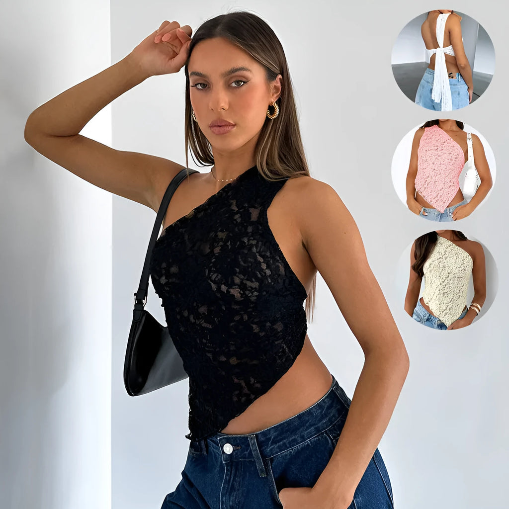 Women's sleeveless lace backless top with asymmetrical neckline in a solid colour.