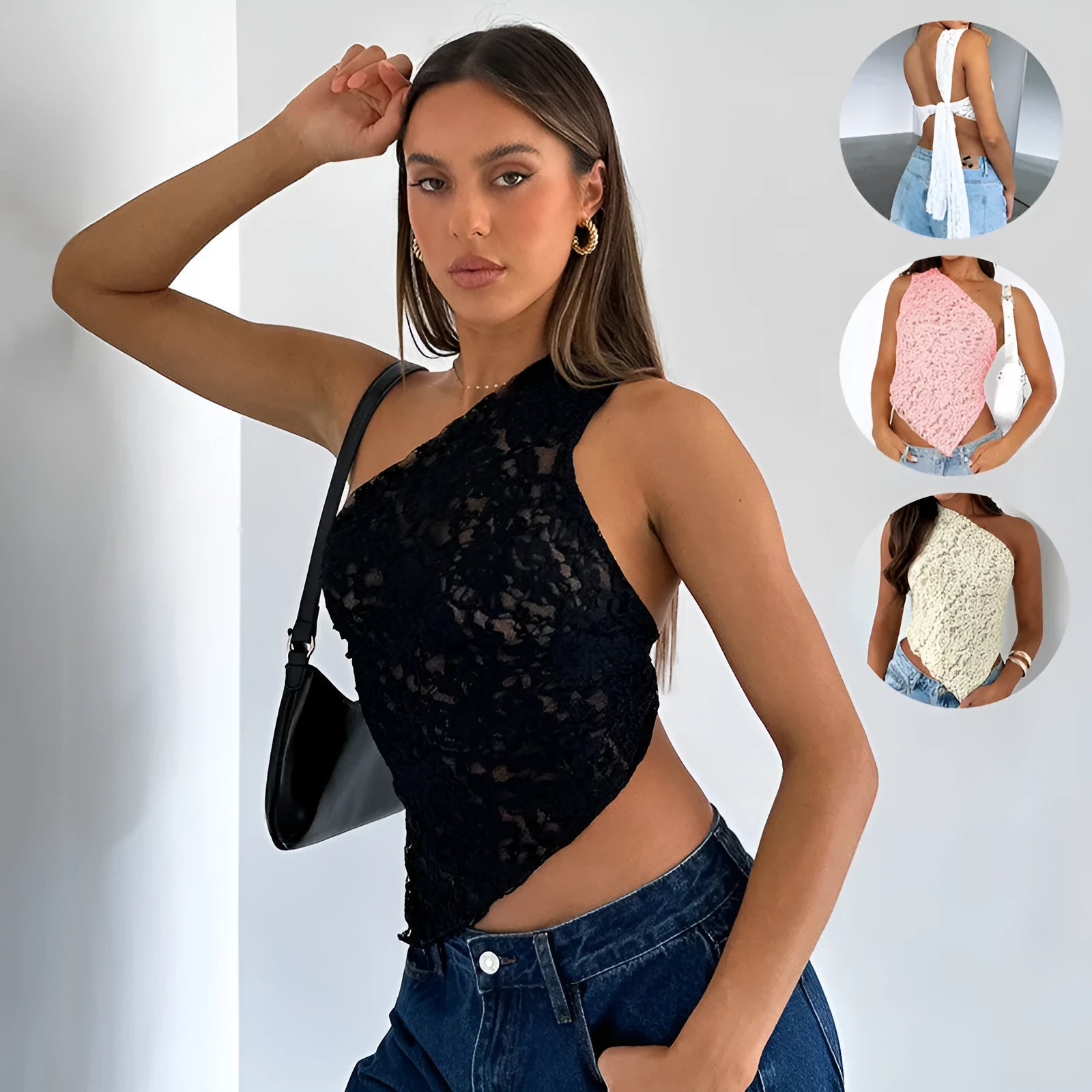 Women's sleeveless lace backless top with asymmetrical neckline in a solid colour.