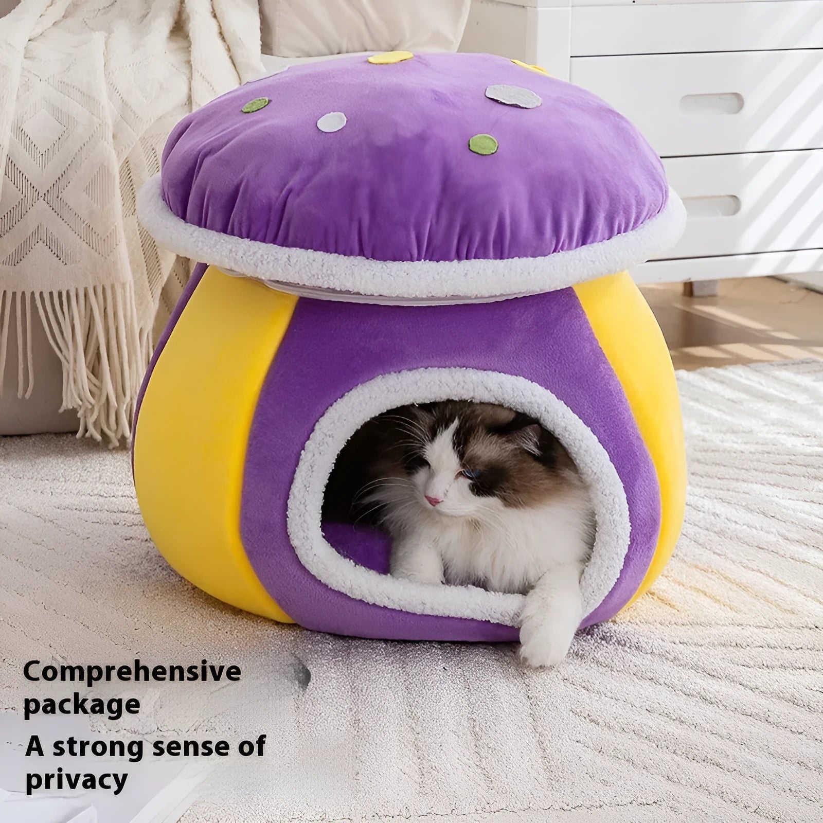 Grey mushroom-shaped plush cat bed showing enclosed cave design for cats.