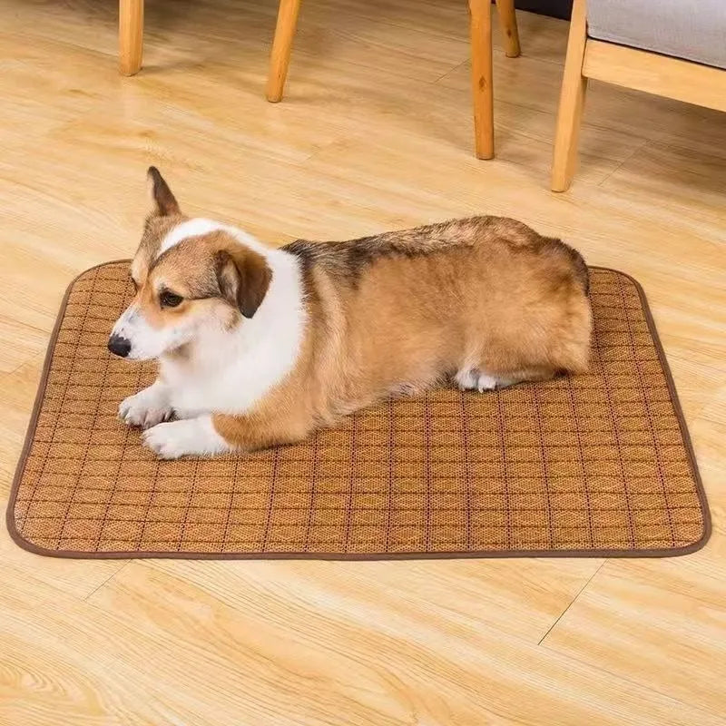 Brown woven rattan cooling sleeping mat for dogs on a floor, shown in a large size.