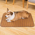 Brown woven rattan cooling sleeping mat for dogs on a floor, shown in a large size.