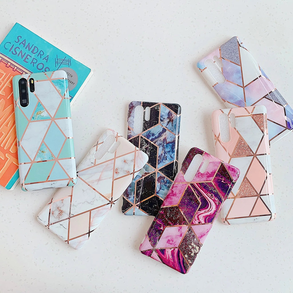 Electroplated marble design TPU phone case for Huawei and Samsung smartphones in multiple colours