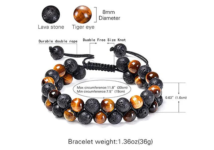 Geometric matte black agate couple bracelets with tiger eye beads, shown as a matching set.
