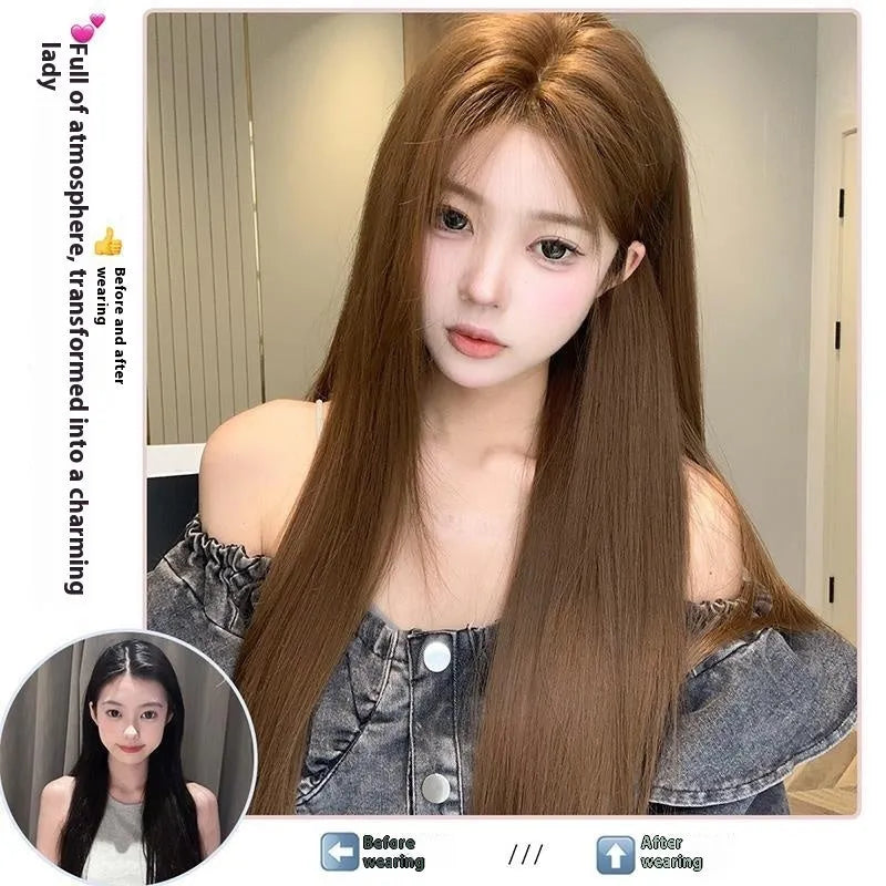 Warm brown lace front wig with centre-parted bangs and long straight hairstyle