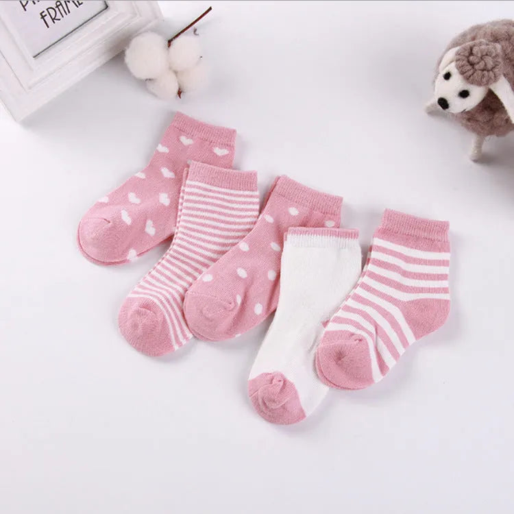 Set of five children's cotton socks in assorted solid colours and stripes, mid-tube length for toddlers 1-3 years
