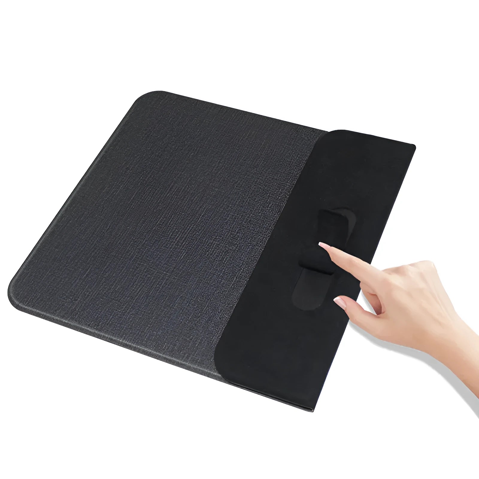 Foldable fabric phone holder for wireless charging shown open and closed