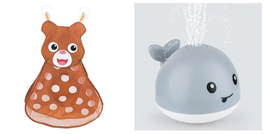 Automatic water spray whale bath toy floating in water with fountain and LED lights