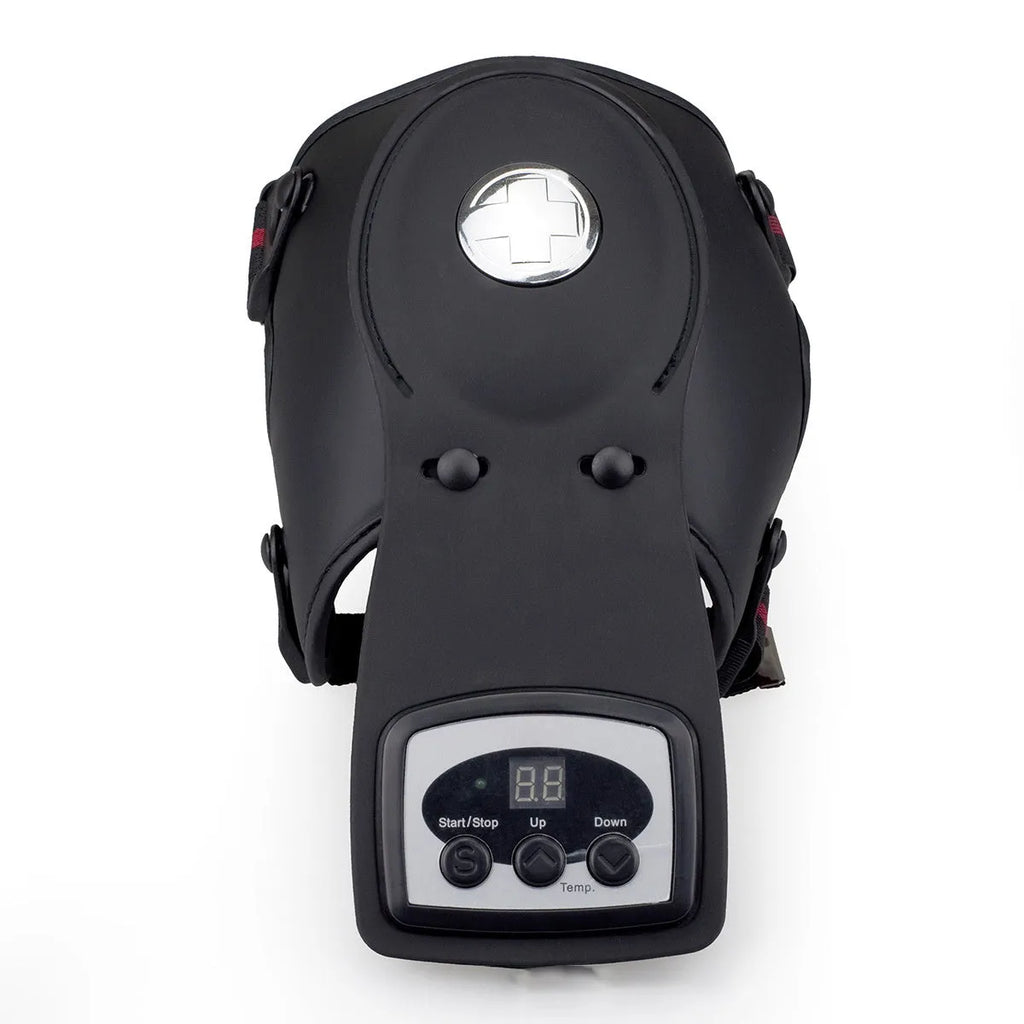 Portable infrared knee and shoulder massager unit with adjustable temperature control and pads.