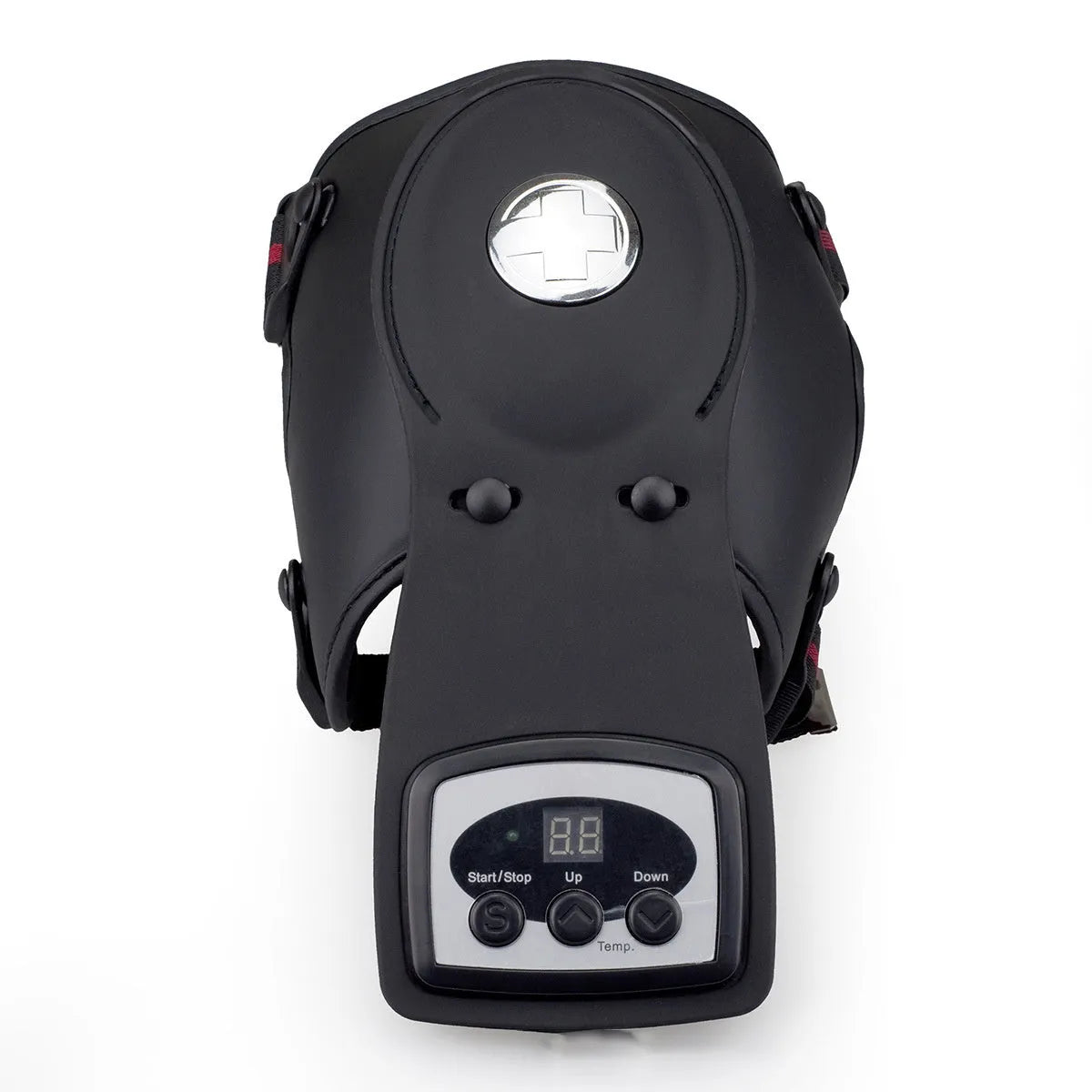 Portable infrared knee and shoulder massager unit with adjustable temperature control and pads.