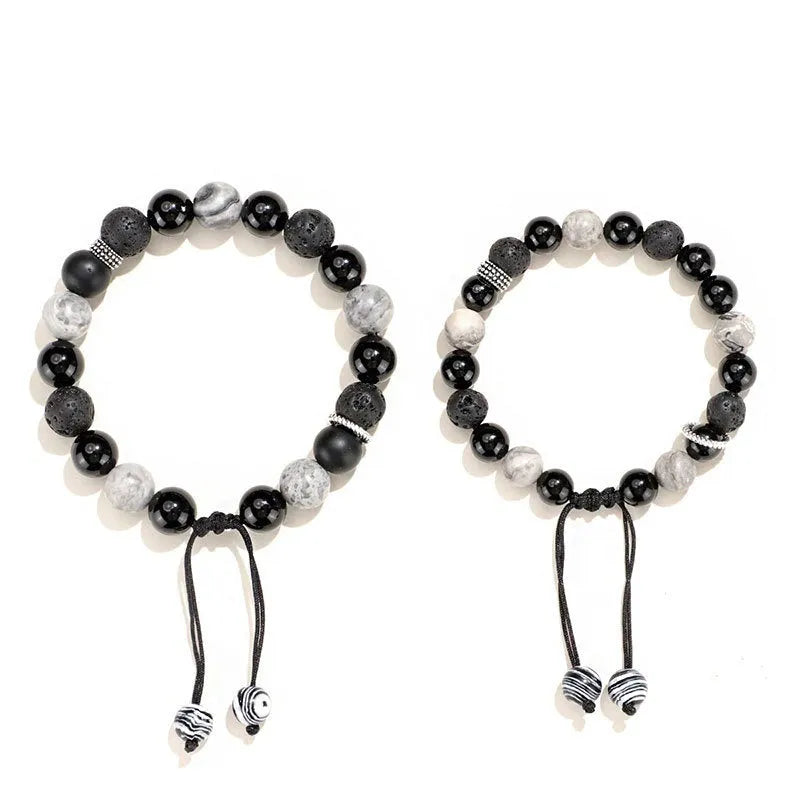 Black agate map stone volcanic bracelet with diamond-shaped stones and electroplated metal components