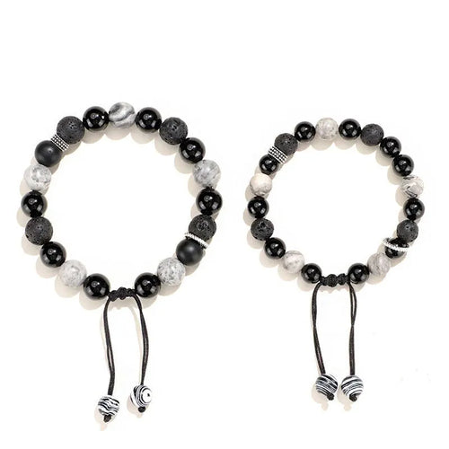 Black agate map stone volcanic bracelet with diamond-shaped stones and electroplated metal components