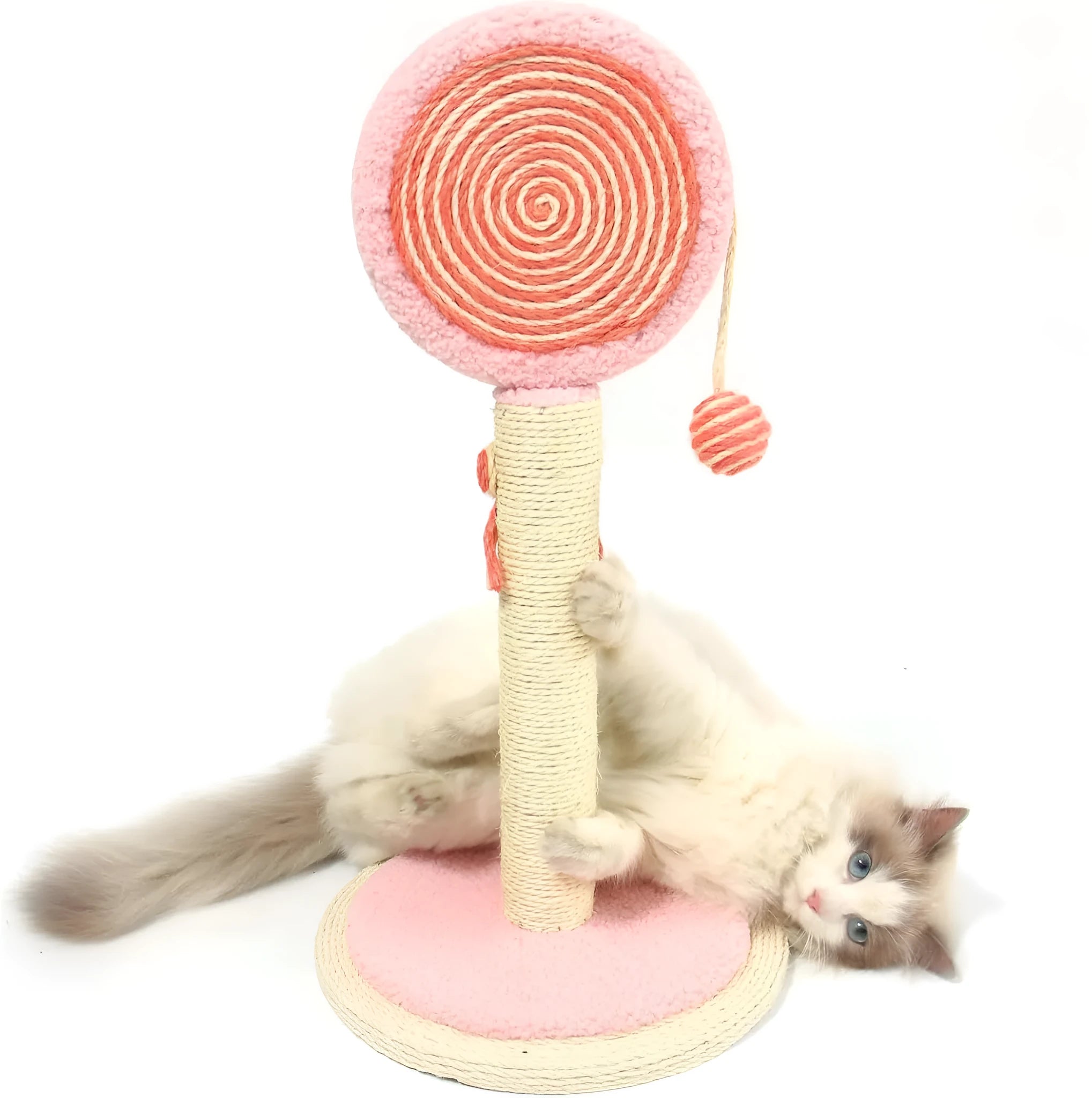 Cat scratching post with natural sisal rope surface and hanging ball toy on heavy-duty stable base