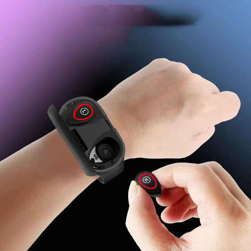 Smart bracelet earphone combination device with 1-inch screen on silicone wristband in black colour