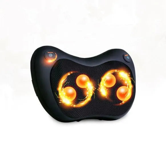 Electric infrared kneading massage pillow in black PU leather with control buttons and adjustable fixing strap for car seat use