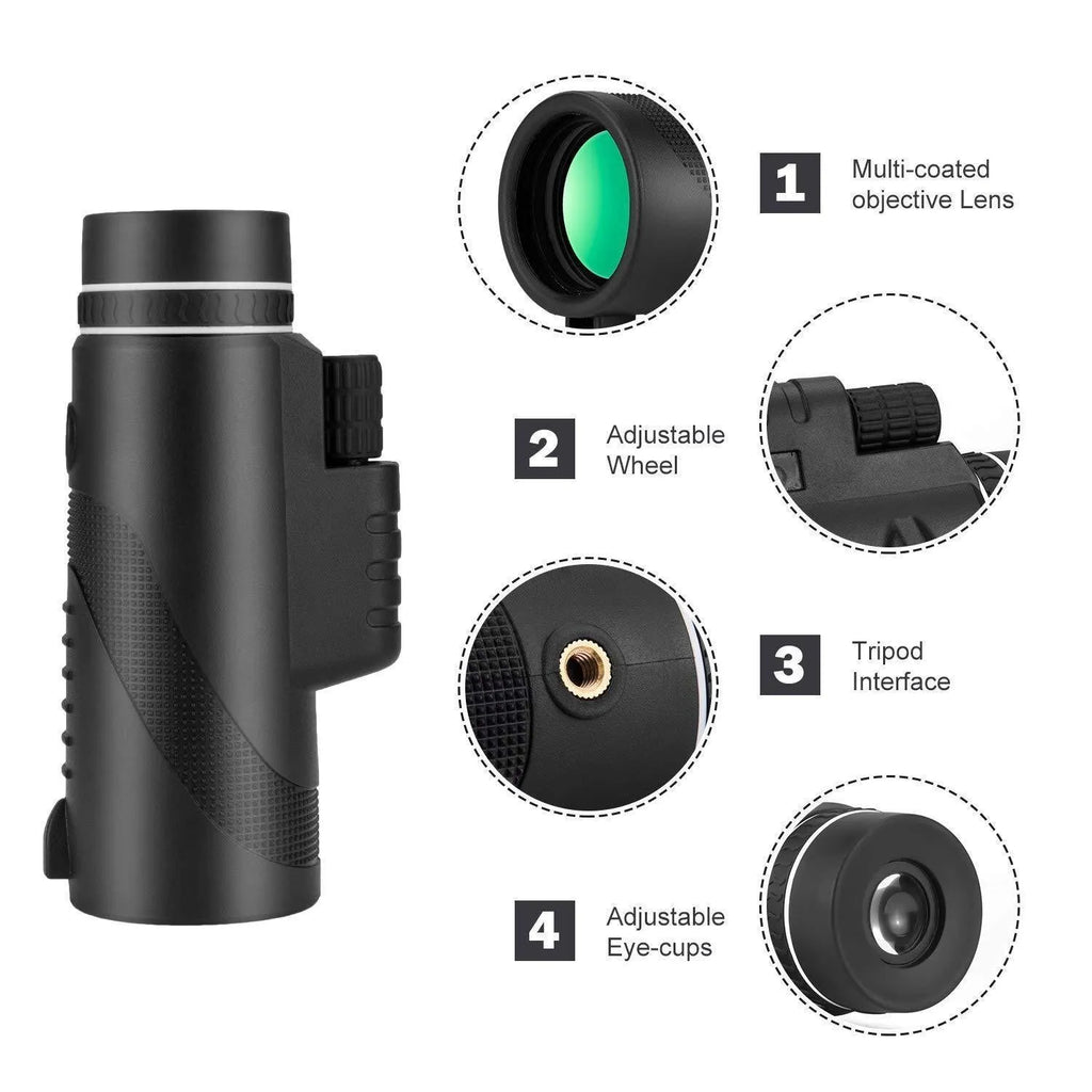Black HD monocular telescope with 40x magnification and 60mm objective lens for smartphone photography
