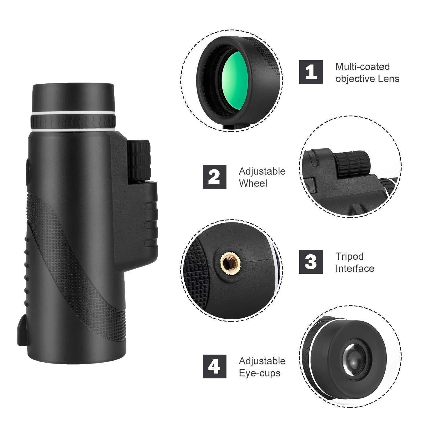 Black HD monocular telescope with 40x magnification and 60mm objective lens for smartphone photography