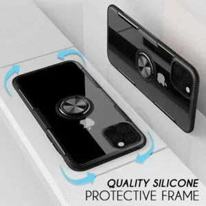 Black iPhone case with integrated car holder on the back, showing button cut-outs and PU leather texture.