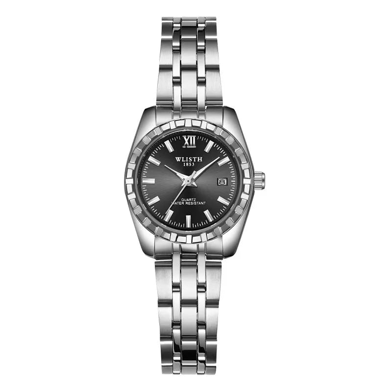 Couple watch with steel band, 28mm dial, luminous hands, and date window in silver finish