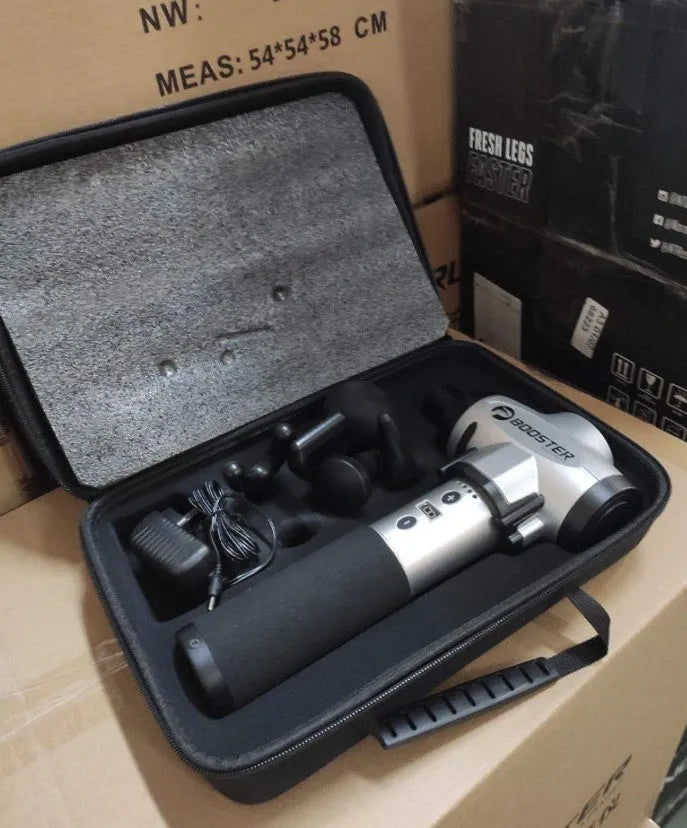 Black and white portable massage gun with adjustable speed control for muscle therapy