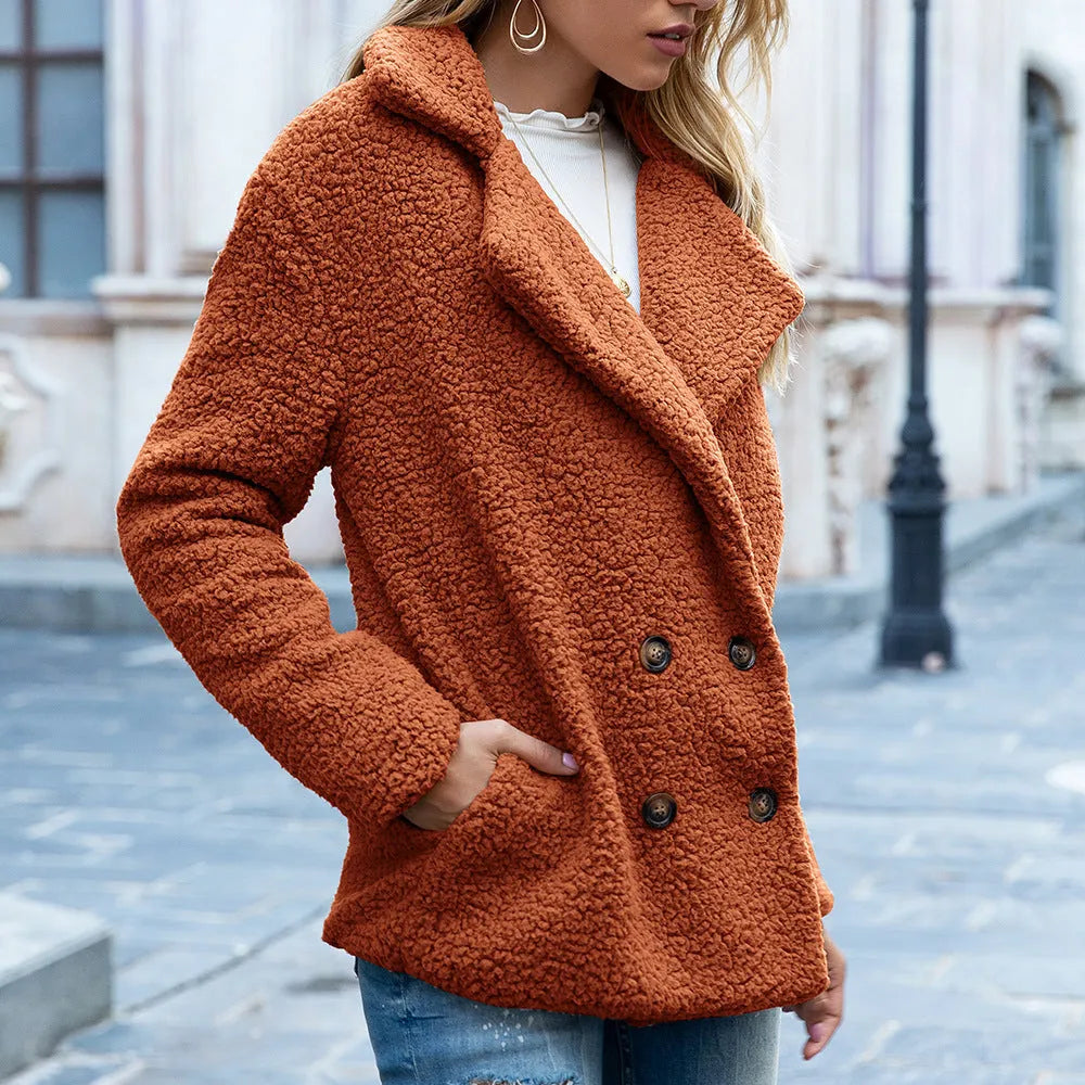 Women's loose lapel fluffy winter coat in camel colour with button front