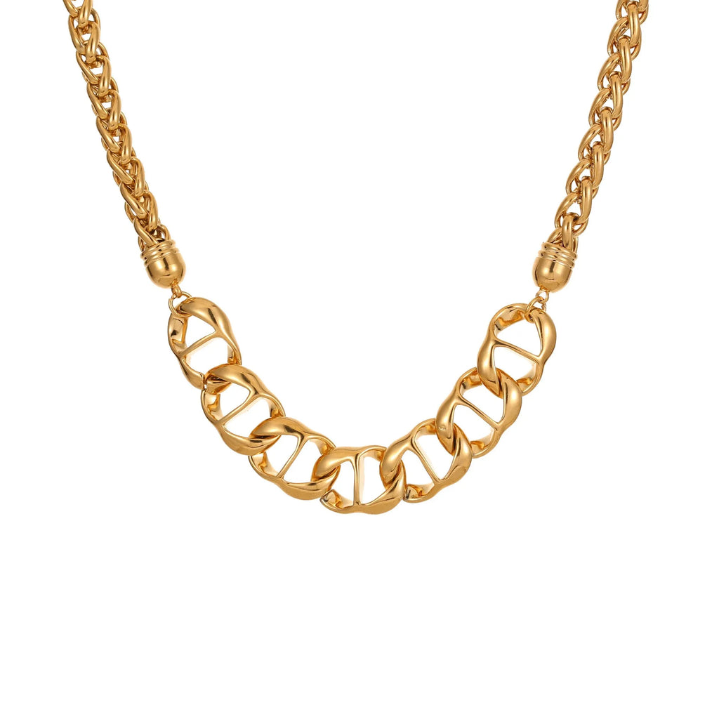 Stainless steel geometric pendant necklace with gold electroplating and chain design details