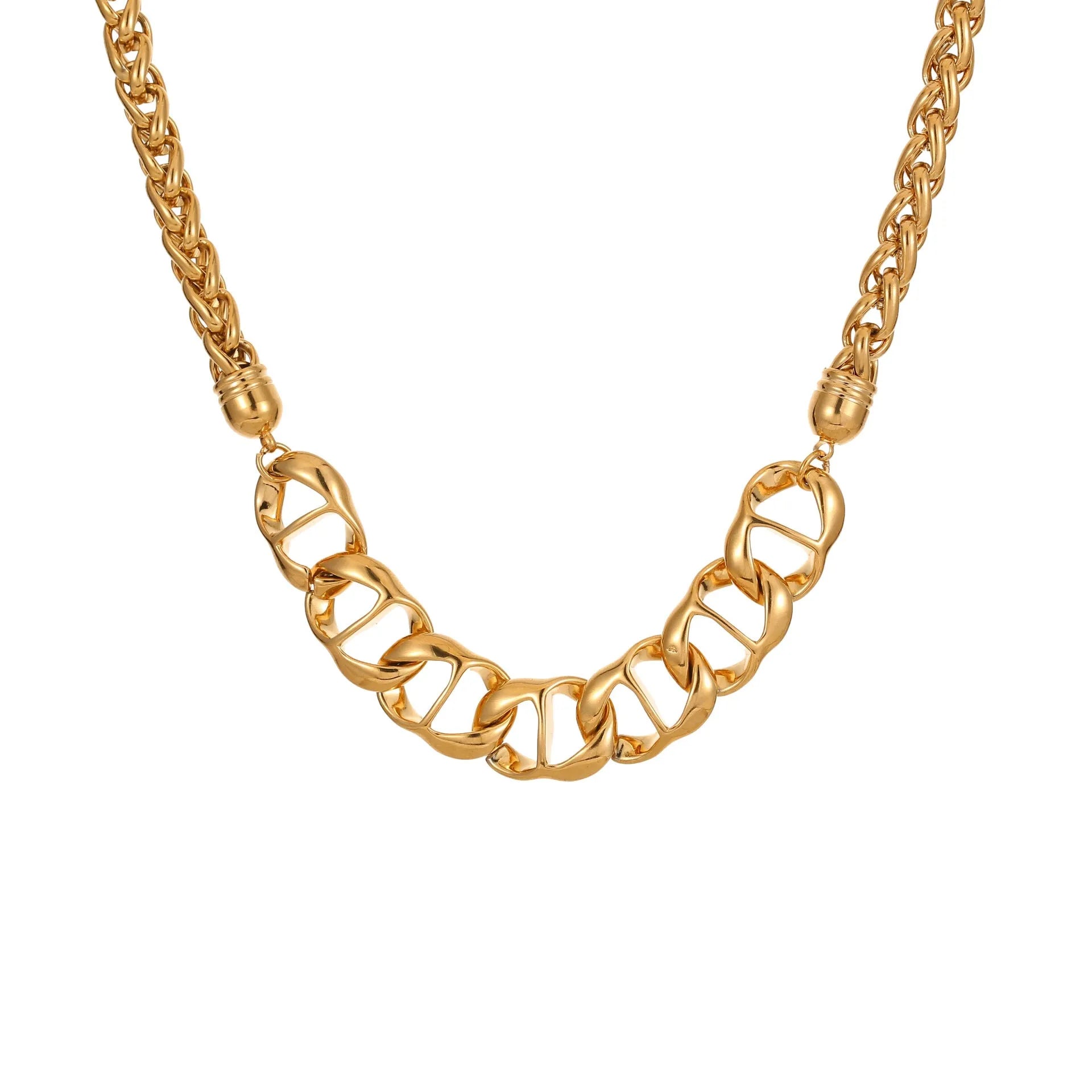 Stainless steel geometric pendant necklace with gold electroplating and chain design details