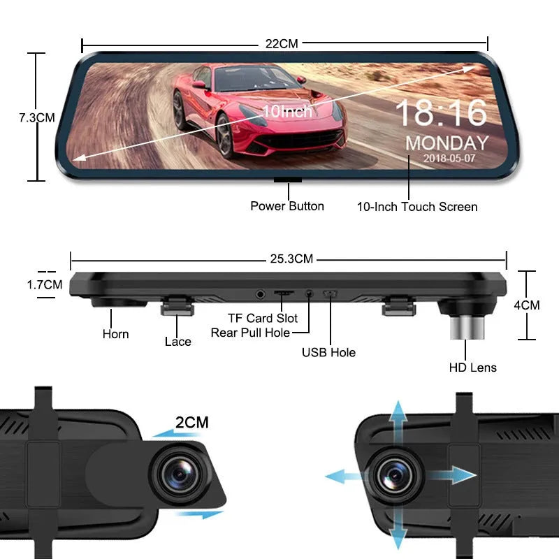 10-inch full-screen dash cam with front and rear dual lenses displaying road footage on its touchscreen