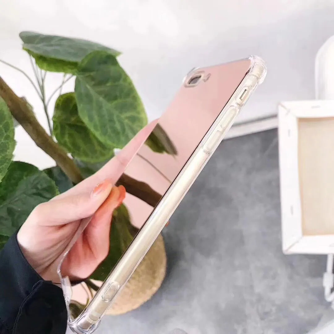 Reflective mirror phone case in soft TPU material available in multiple colours for various iPhone models showing back and side view