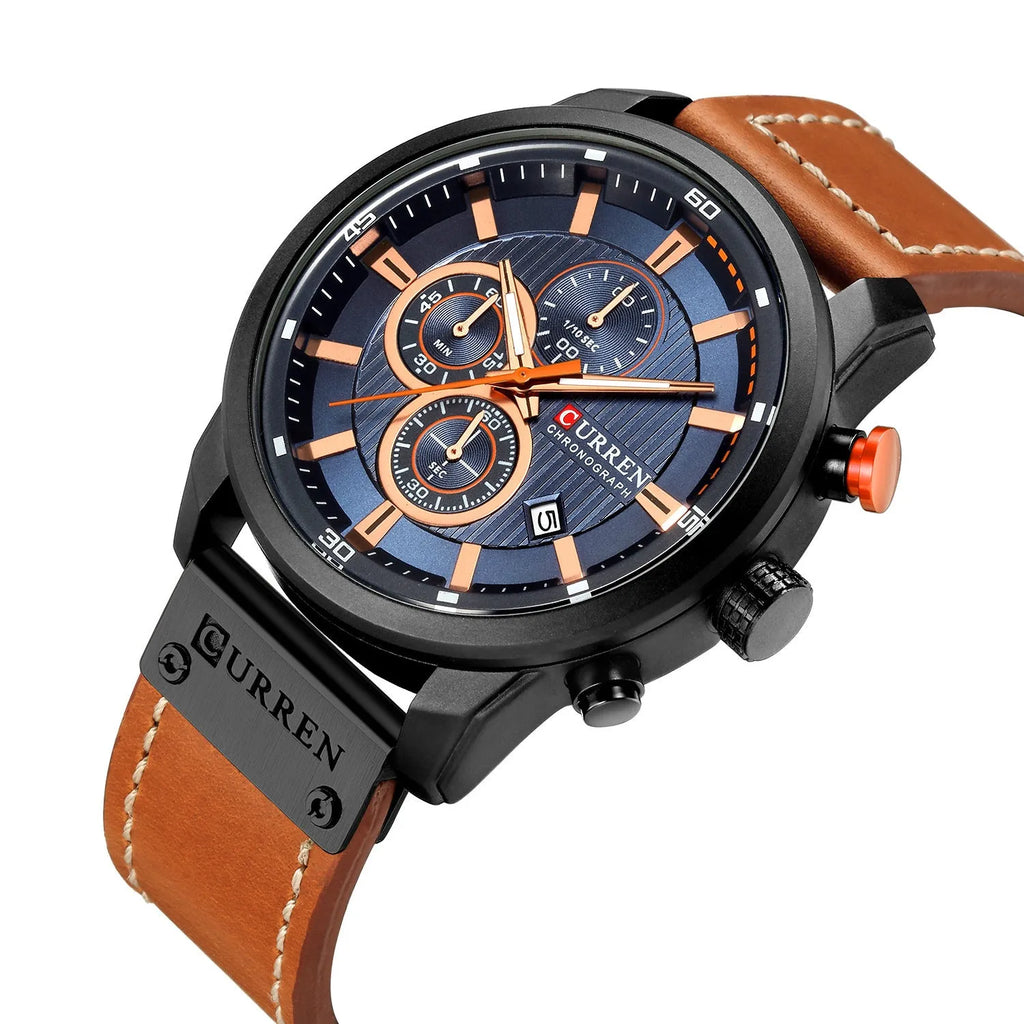 Men waterproof chronograph sport military quartz wristwatch with leather band, titanium buckle, and 47mm dial on wrist