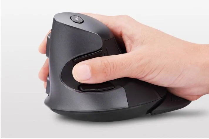 M 618 wireless vertical ergonomic mouse in black and white colours, shown next to a USB receiver.