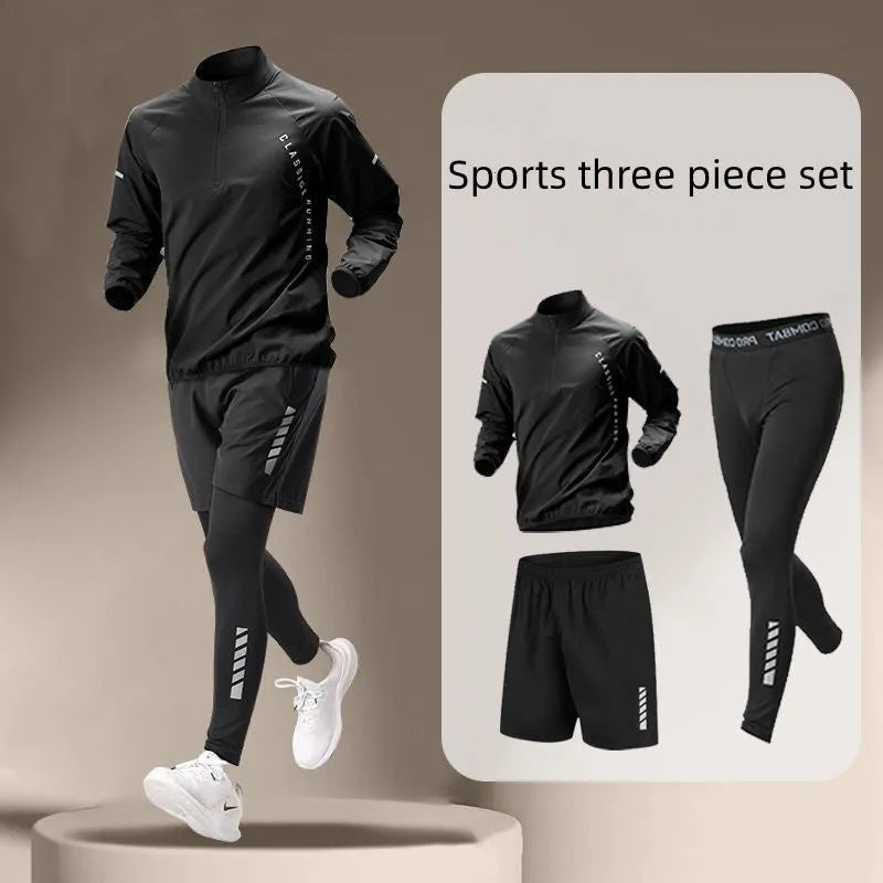 Men's black fitness set with long sleeve top, shorts, and long trousers in ice silk quick-dry polyester fabric