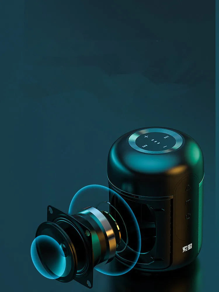 Black portable Bluetooth speaker showing compact 72mm by 99mm dimensions with connectivity ports