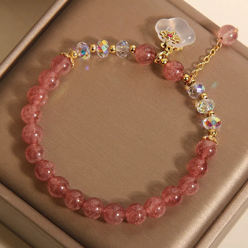 Adjustable strawberry quartz and white agate crystal bracelet with auspicious cloud charms
