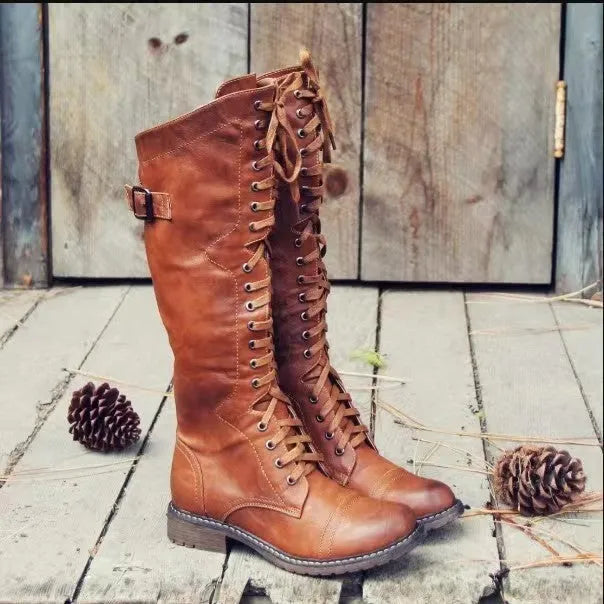 Chunky heel high leg boots in black, wine red, or brown with round toe and cotton lining