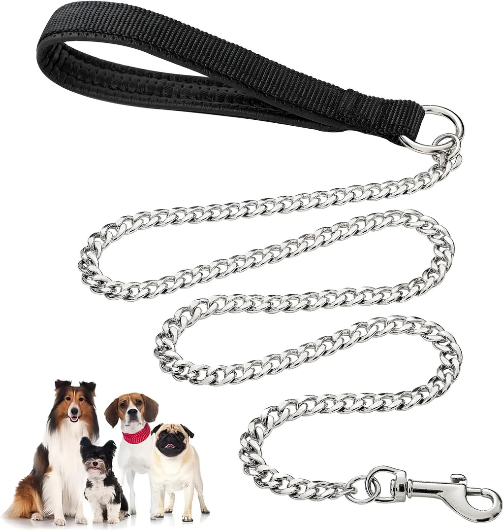 Heavy duty metal dog leash with soft padded handle and chew-proof chain in black, blue, or red.
