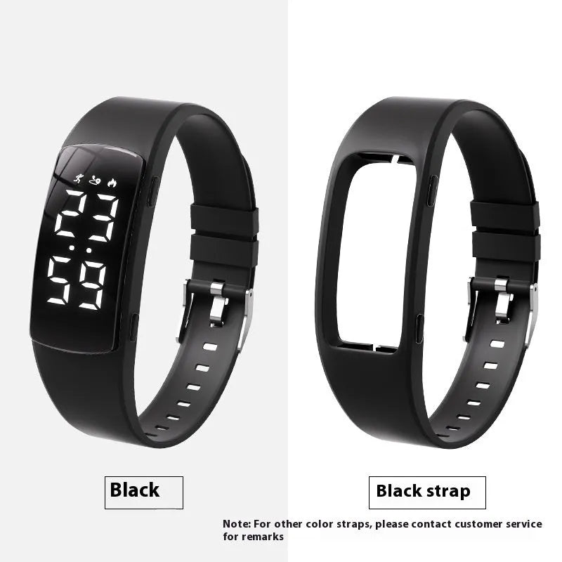 Electronic vibration alarm watch with LED display and silicone strap showing waterproof rating of 50 metres