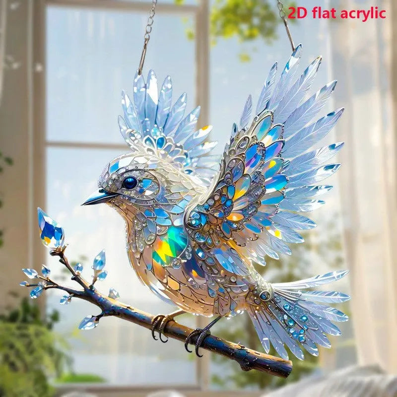 Square acrylic bird pendant ornament with cartoon design, shown in two size options.