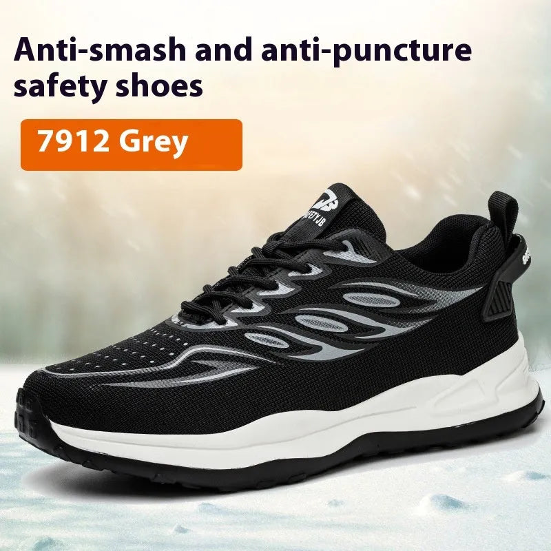 Anti-smashing labour protection shoes in orange, grey, green and yellow with leather uppers and rubber soles