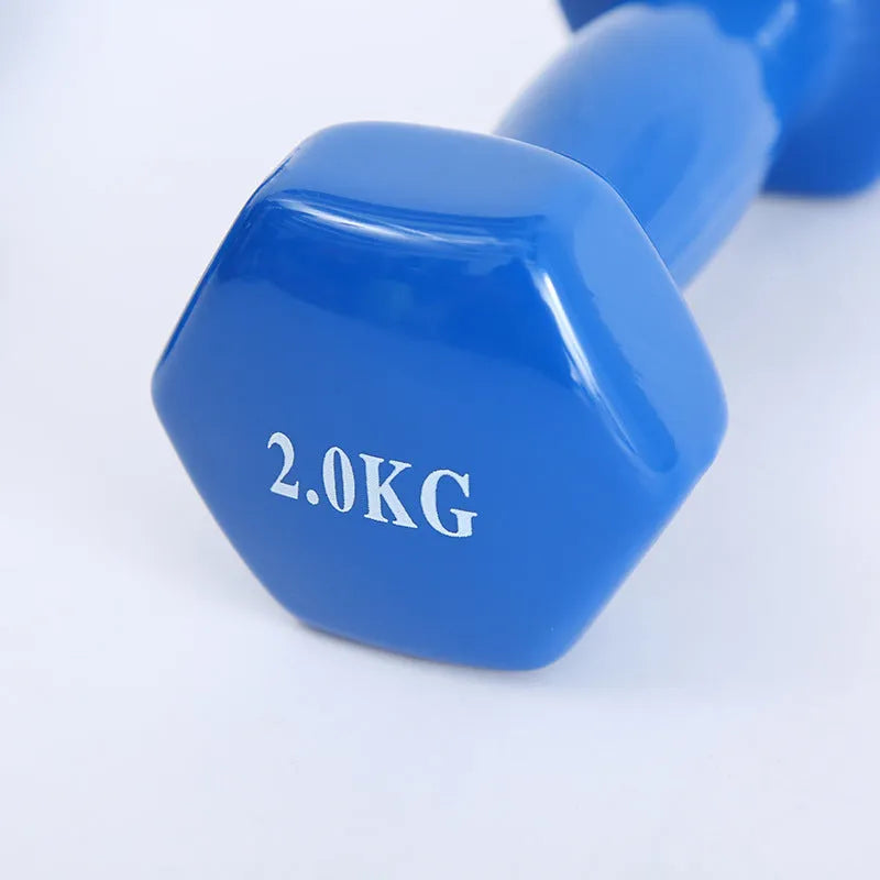 Bright coloured plastic fitness dumbbells with glossy surface for yoga and aerobics