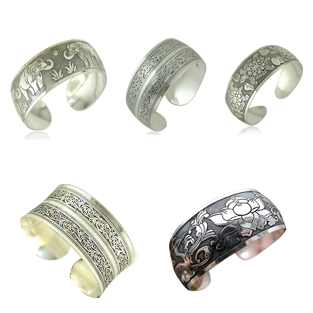 Ethnic carved open Miao silver bracelet with diamond treatment in Roman shape