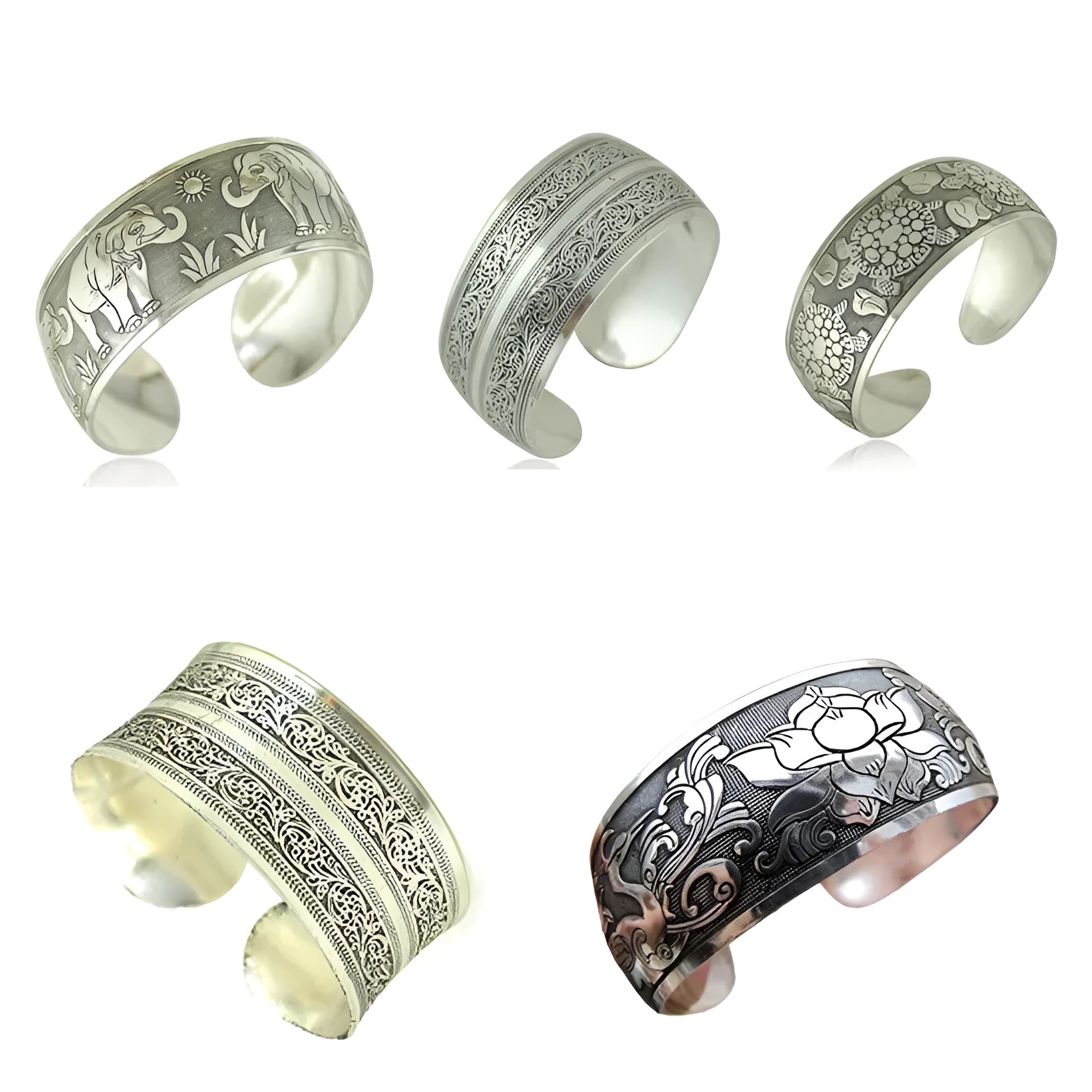 Ethnic carved open Miao silver bracelet with diamond treatment in Roman shape