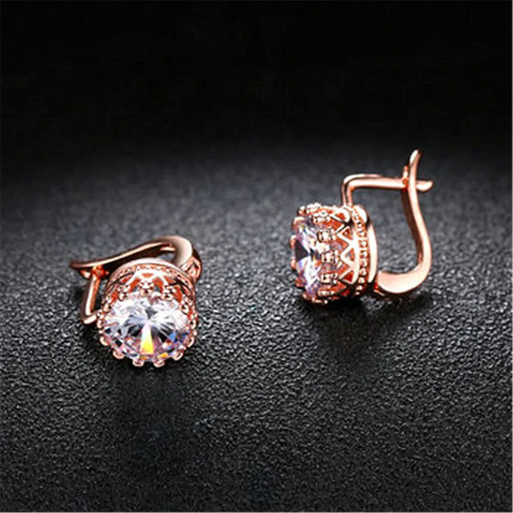 Korean retro style crown-shaped clip earrings with diamond accents in rose gold or white gold finish.