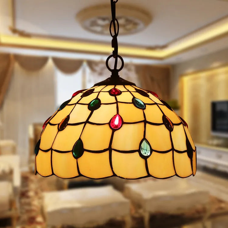 European Baroque retro chandelier in coloured glaze with abstract design and hanging ornaments