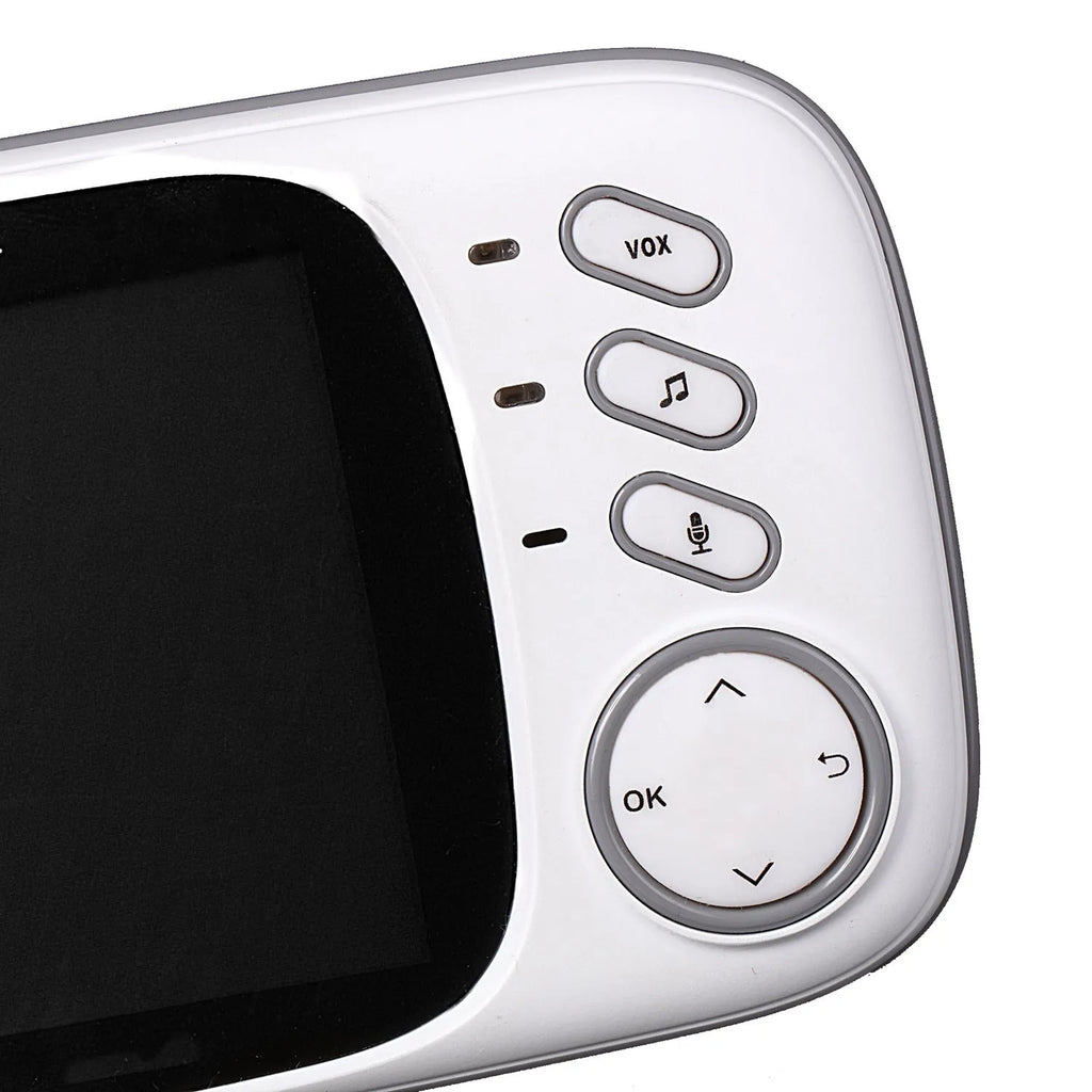 VB603 digital baby monitor showing parent unit with 3.2" colour screen and compact camera with night vision LEDs.
