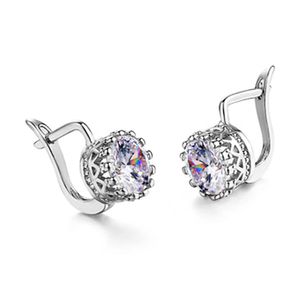 Korean retro style crown-shaped clip earrings with diamond accents in rose gold or white gold finish.
