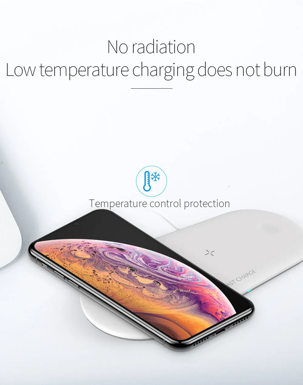 Black three-in-one wireless charging station for Apple iPhone iWatch and AirPods on a desk